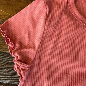 Girls Ribbed Ruffle Sleeve Top - dark salmon